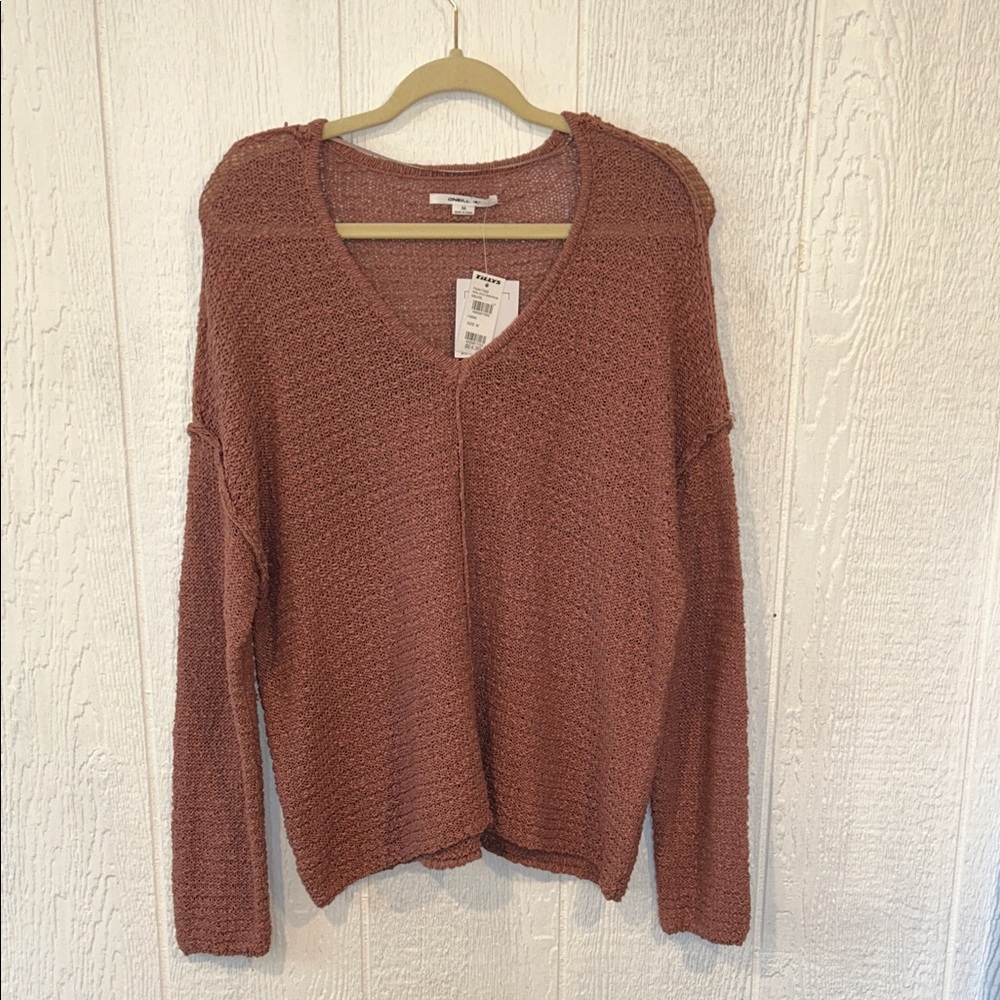NWT O’Neill Marina Cotton Slub V-Neck Sweater Mauve